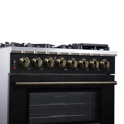Forno Massimo 36 Inch Freestanding Dual Fuel Range in Black with Antique Brass Accessories, 6 Burners, 5.36 cu. ft. Convection Oven FORNO