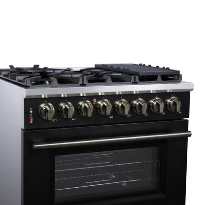 Forno Massimo 36 Inch Freestanding Dual Fuel Range in Black with Antique Brass Accessories, 6 Burners, 5.36 cu. ft. Convection Oven FORNO