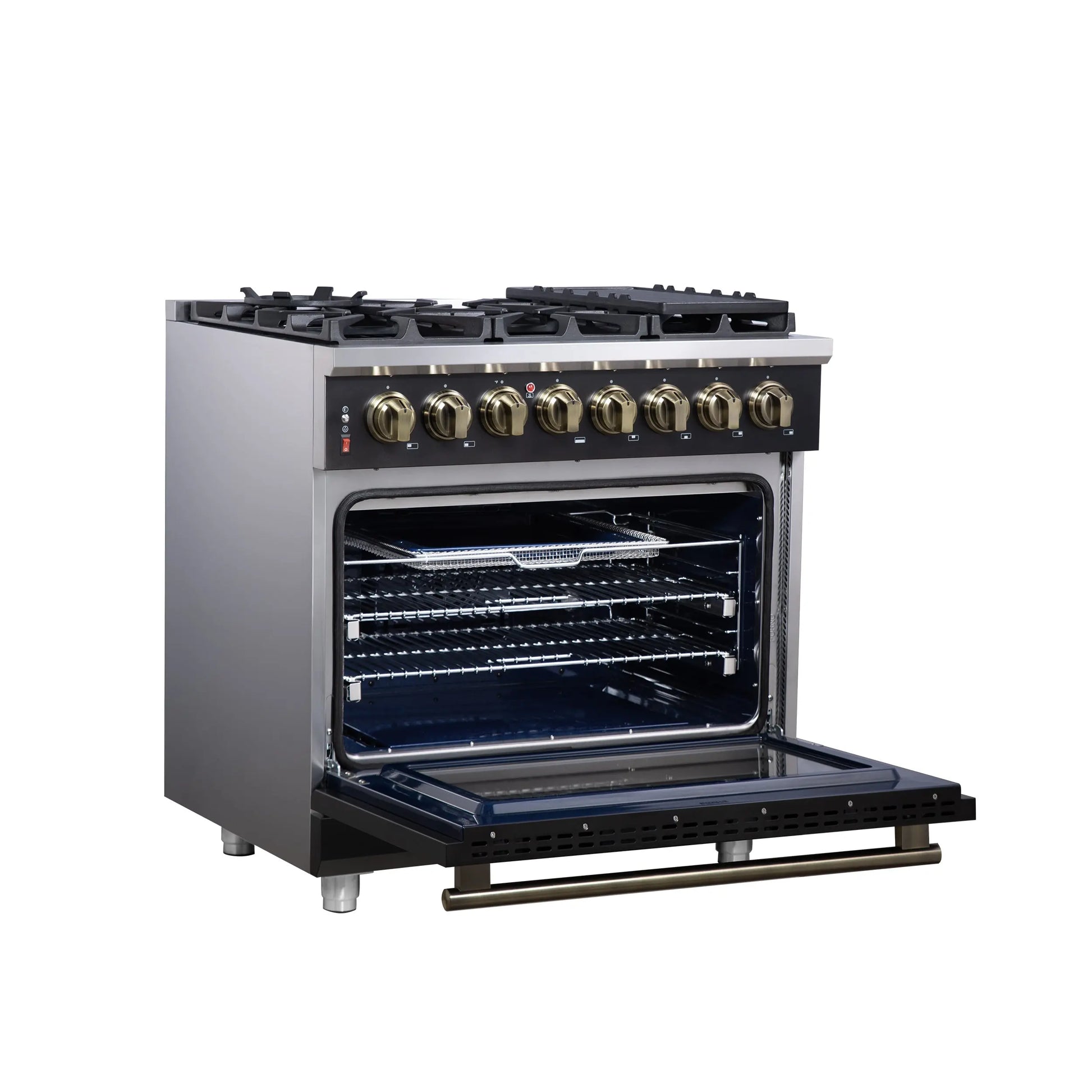 Forno Massimo 36 Inch Freestanding Dual Fuel Range in Black with Antique Brass Accessories, 6 Burners, 5.36 cu. ft. Convection Oven FORNO