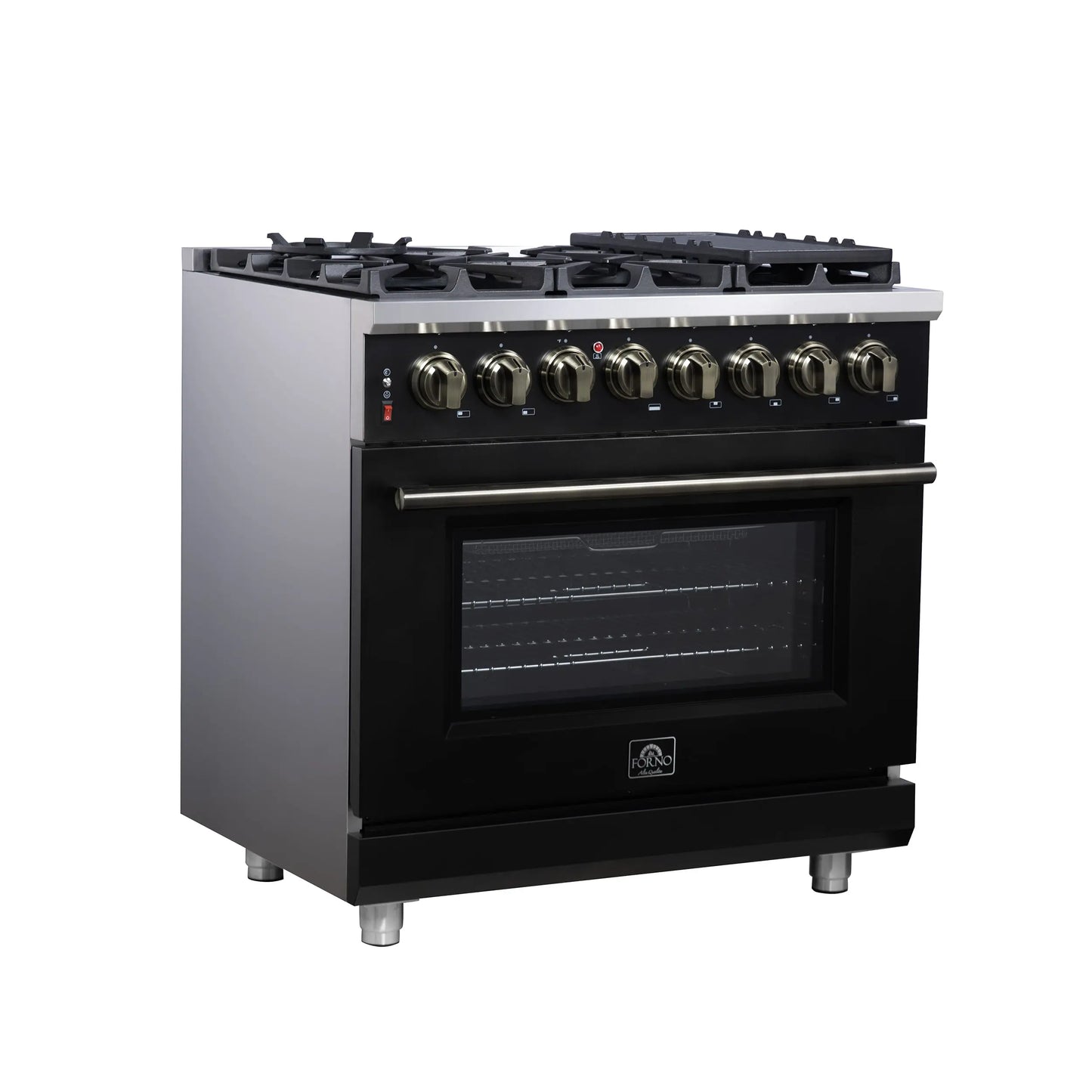 Forno Massimo 36 Inch Freestanding Dual Fuel Range in Black with Antique Brass Accessories, 6 Burners, 5.36 cu. ft. Convection Oven FORNO