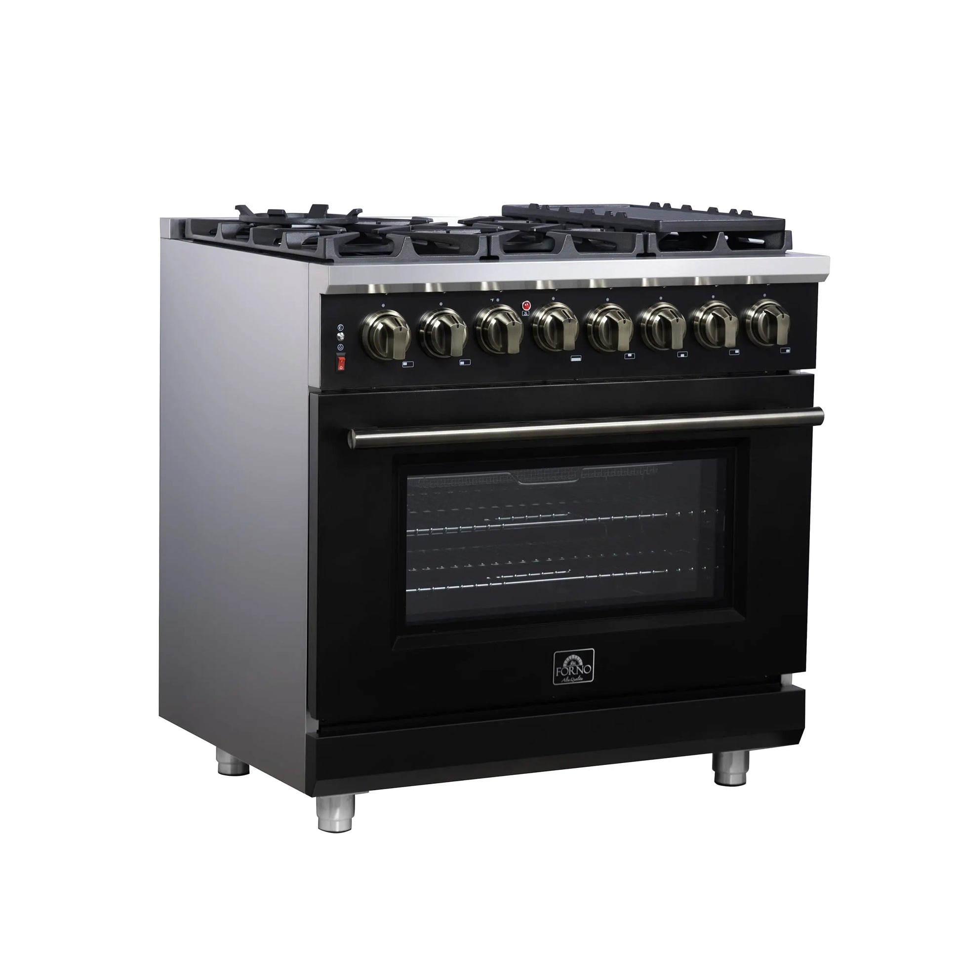 Forno Massimo 36 Inch Freestanding Dual Fuel Range in Black with Antique Brass Accessories, 6 Burners, 5.36 cu. ft. Convection Oven FORNO