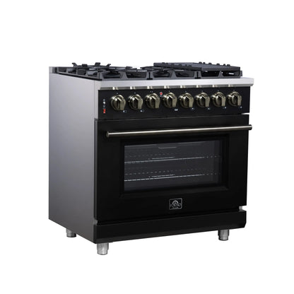 Forno Massimo 36 Inch Freestanding Dual Fuel Range in Black with Antique Brass Accessories, 6 Burners, 5.36 cu. ft. Convection Oven FORNO