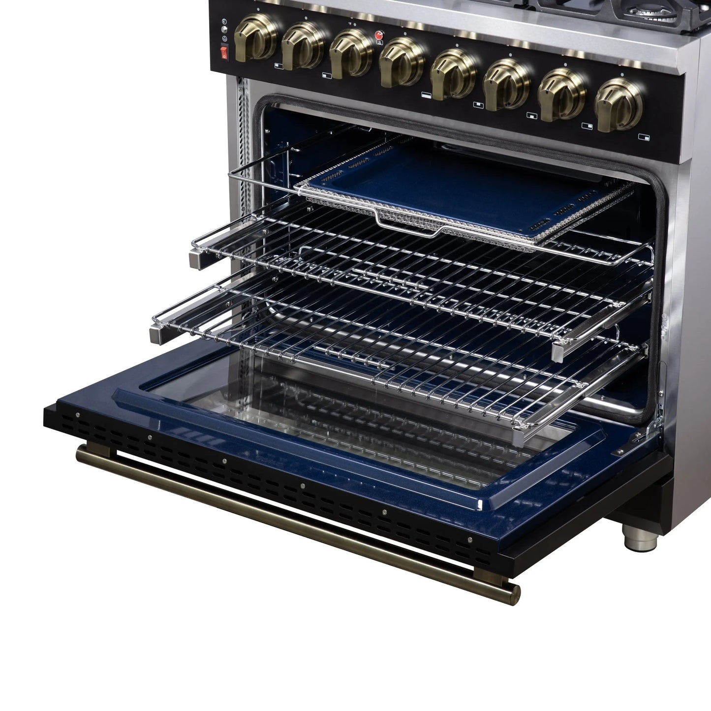 Forno Massimo 36 Inch Freestanding Dual Fuel Range in Black with Antique Brass Accessories, 6 Burners, 5.36 cu. ft. Convection Oven FORNO