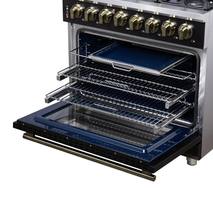 Forno Massimo 36 Inch Freestanding Dual Fuel Range in Black with Antique Brass Accessories, 6 Burners, 5.36 cu. ft. Convection Oven FORNO