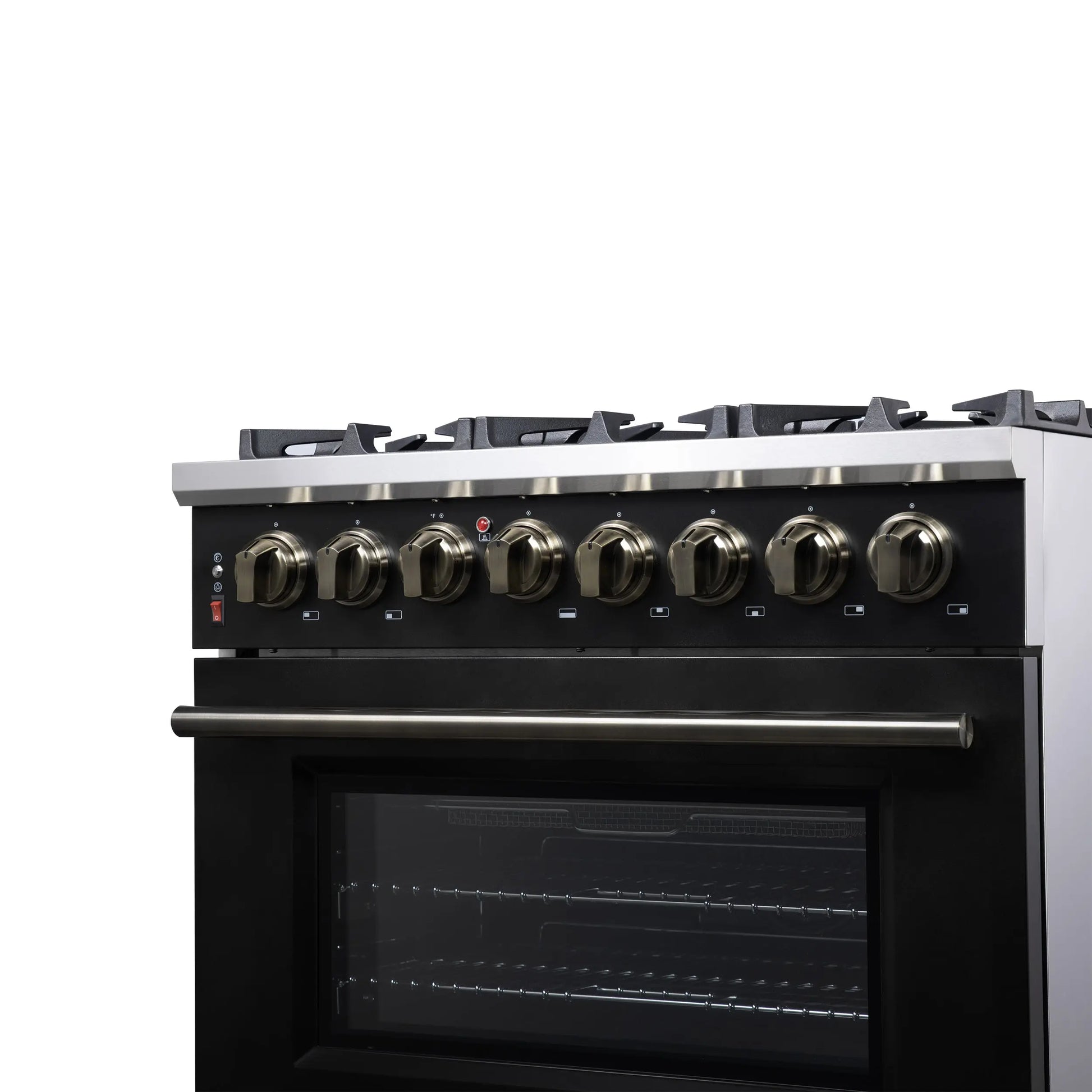 Forno Massimo 36 Inch Freestanding Dual Fuel Range in Black with Antique Brass Accessories, 6 Burners, 5.36 cu. ft. Convection Oven FORNO