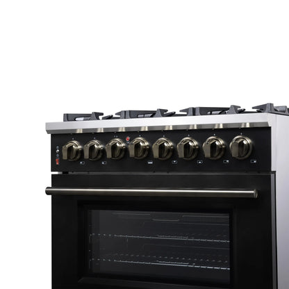 Forno Massimo 36 Inch Freestanding Dual Fuel Range in Black with Antique Brass Accessories, 6 Burners, 5.36 cu. ft. Convection Oven FORNO