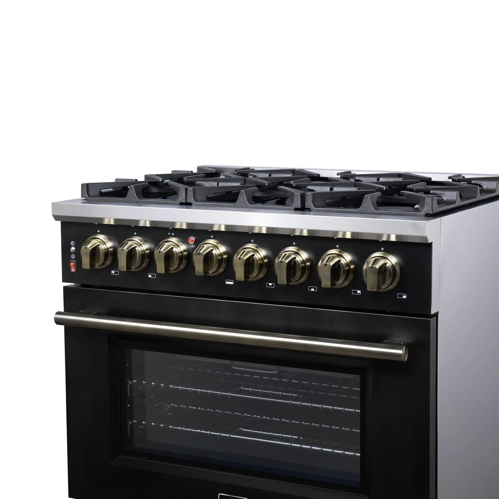 Forno Massimo 36 Inch Freestanding Dual Fuel Range in Black with Antique Brass Accessories, 6 Burners, 5.36 cu. ft. Convection Oven FORNO