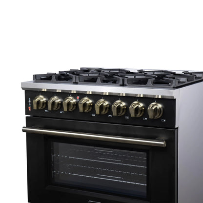 Forno Massimo 36 Inch Freestanding Dual Fuel Range in Black with Antique Brass Accessories, 6 Burners, 5.36 cu. ft. Convection Oven FORNO