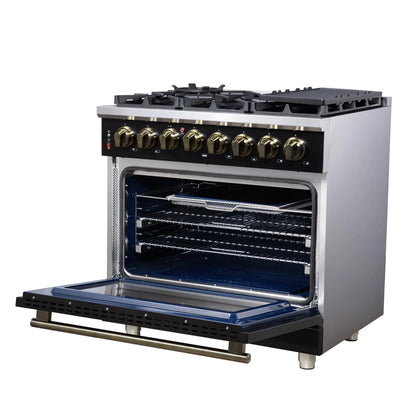 Forno Massimo 36 Inch Freestanding Dual Fuel Range in Black with Antique Brass Accessories, 6 Burners, 5.36 cu. ft. Convection Oven FORNO