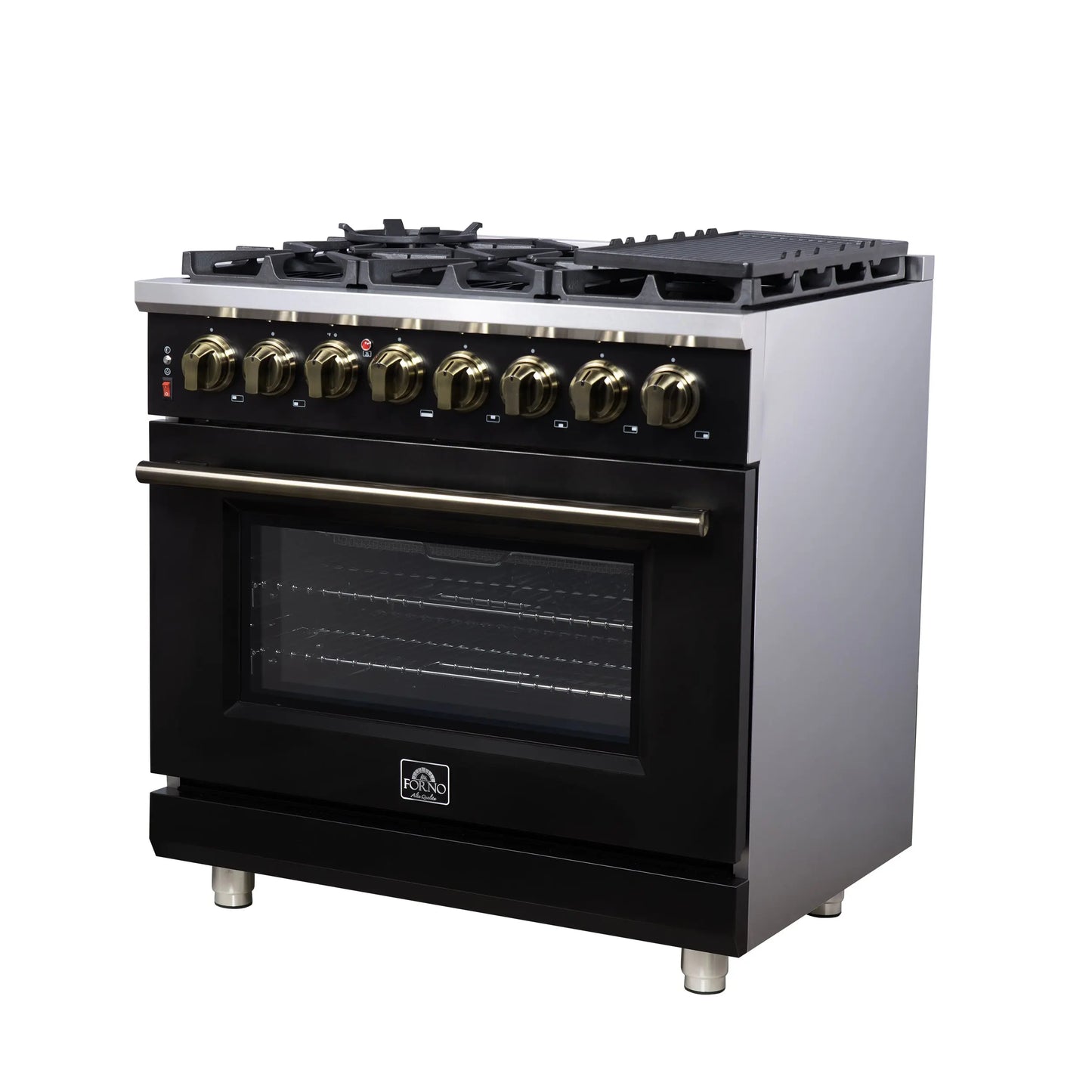 Forno Massimo 36 Inch Freestanding Dual Fuel Range in Black with Antique Brass Accessories, 6 Burners, 5.36 cu. ft. Convection Oven FORNO