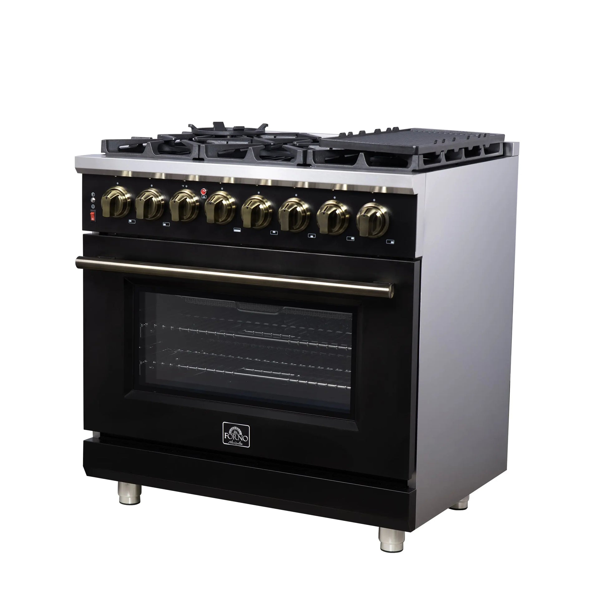 Forno Massimo 36 Inch Freestanding Dual Fuel Range in Black with Antique Brass Accessories, 6 Burners, 5.36 cu. ft. Convection Oven FORNO