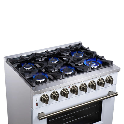 Forno Massimo 36 Inch Freestanding Dual Fuel Range in White with Antique Brass Accessories, 6 Burners, 5.36 cu. ft. Convection Oven FORNO
