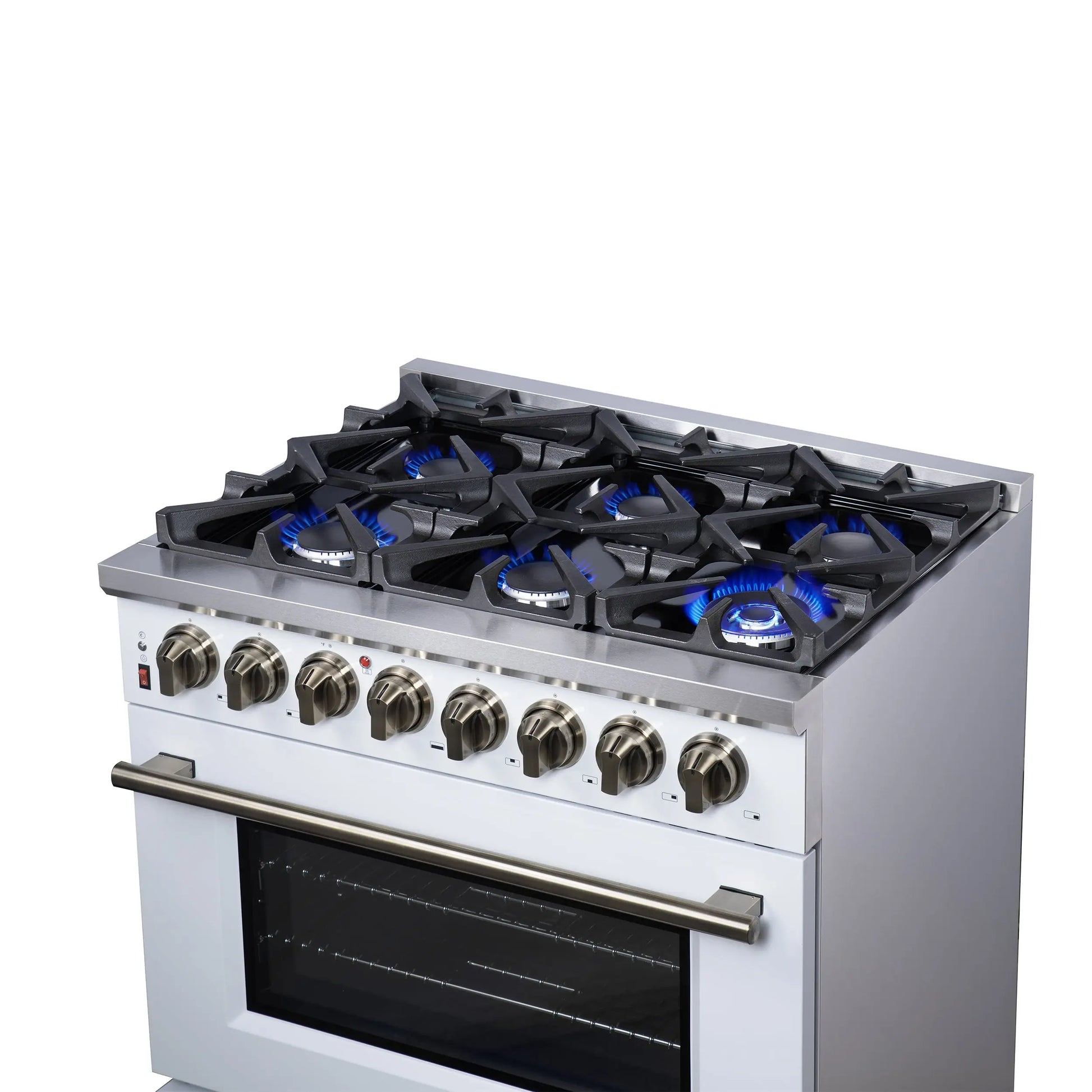 Forno Massimo 36 Inch Freestanding Dual Fuel Range in White with Antique Brass Accessories, 6 Burners, 5.36 cu. ft. Convection Oven FORNO