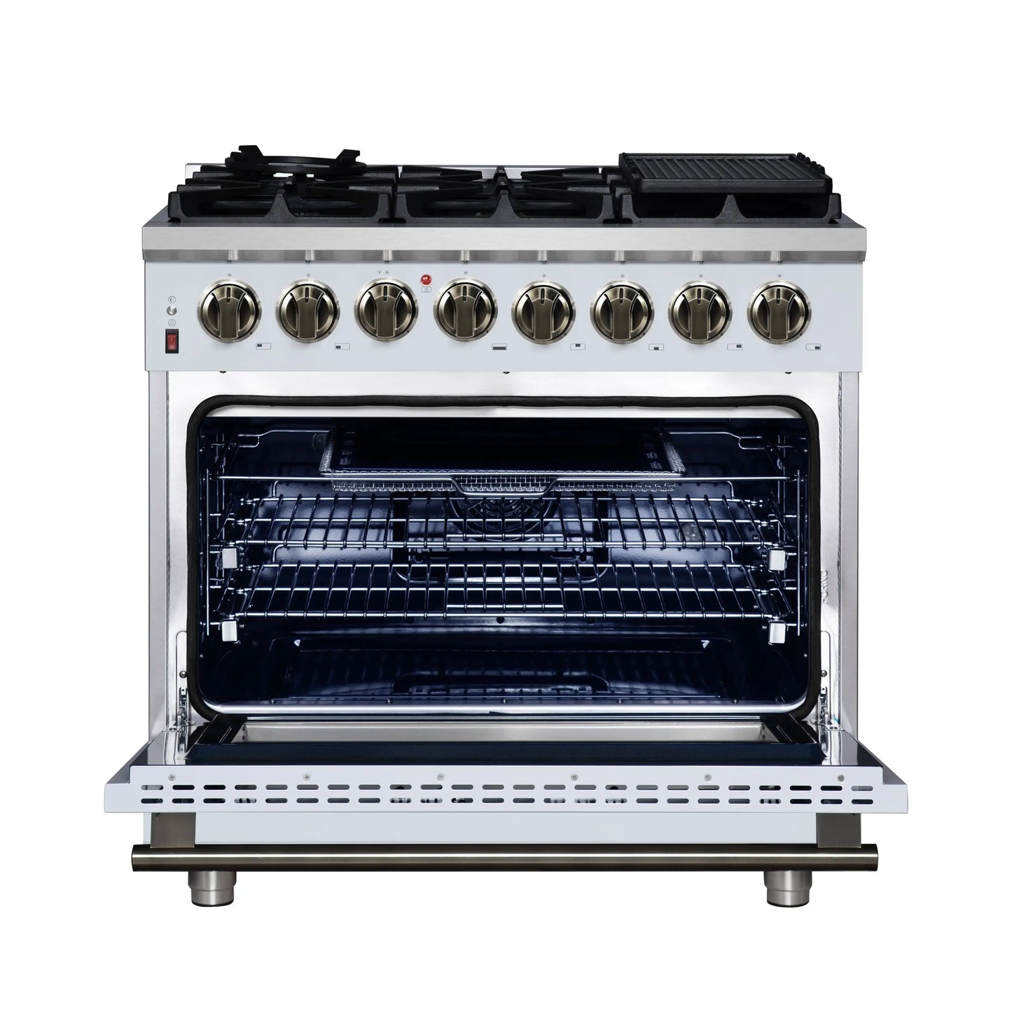 Forno Massimo 36 Inch Freestanding Dual Fuel Range in White with Antique Brass Accessories, 6 Burners, 5.36 cu. ft. Convection Oven FORNO