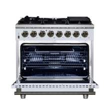 Forno Massimo 36 Inch Freestanding Dual Fuel Range in White with Antique Brass Accessories, 6 Burners, 5.36 cu. ft. Convection Oven FORNO