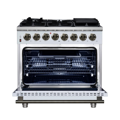 Forno Massimo 36 Inch Freestanding Dual Fuel Range in White with Antique Brass Accessories, 6 Burners, 5.36 cu. ft. Convection Oven FORNO