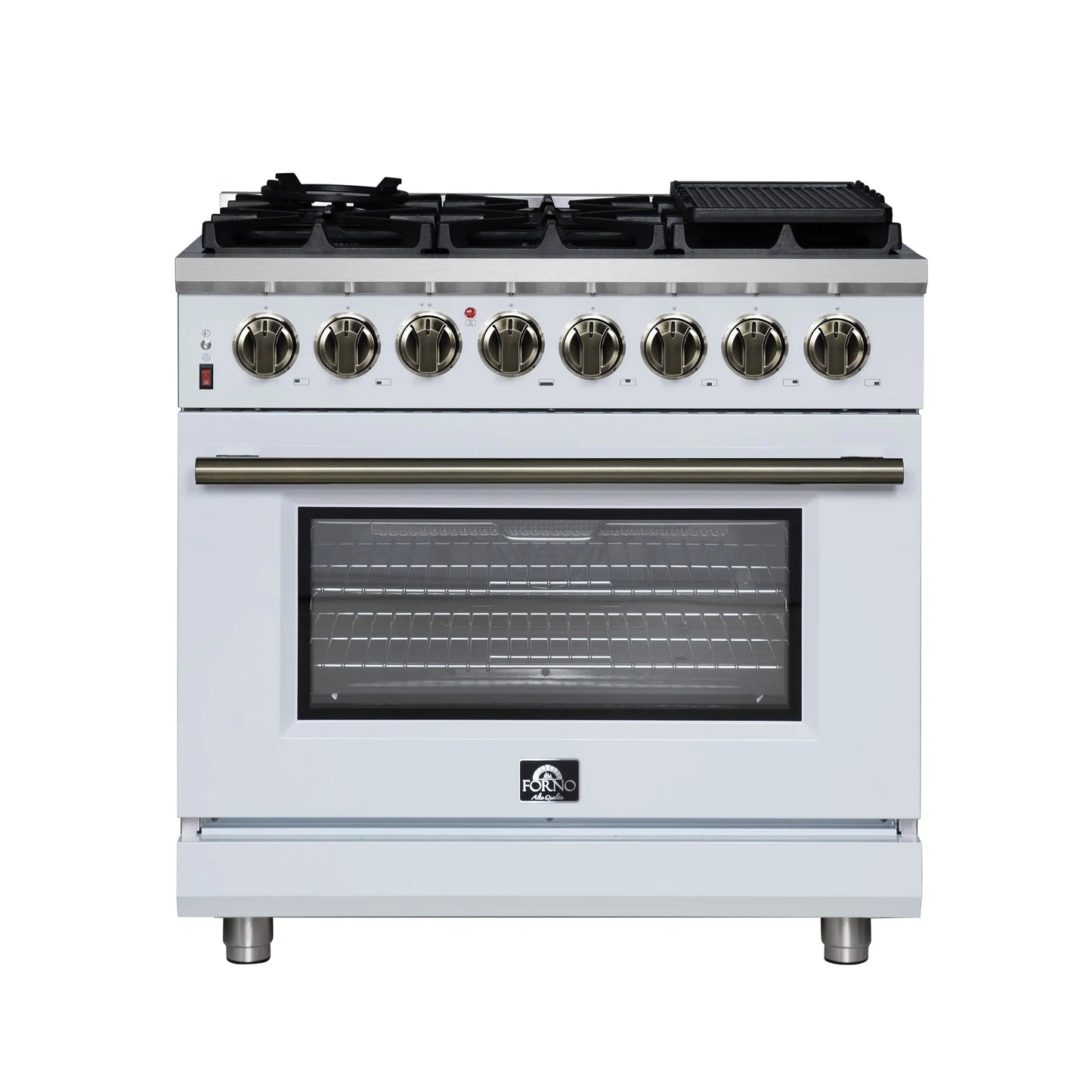Forno Massimo 36 Inch Freestanding Dual Fuel Range in White with Antique Brass Accessories, 6 Burners, 5.36 cu. ft. Convection Oven FORNO