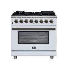 Forno Massimo 36 Inch Freestanding Dual Fuel Range in White with Antique Brass Accessories, 6 Burners, 5.36 cu. ft. Convection Oven FORNO