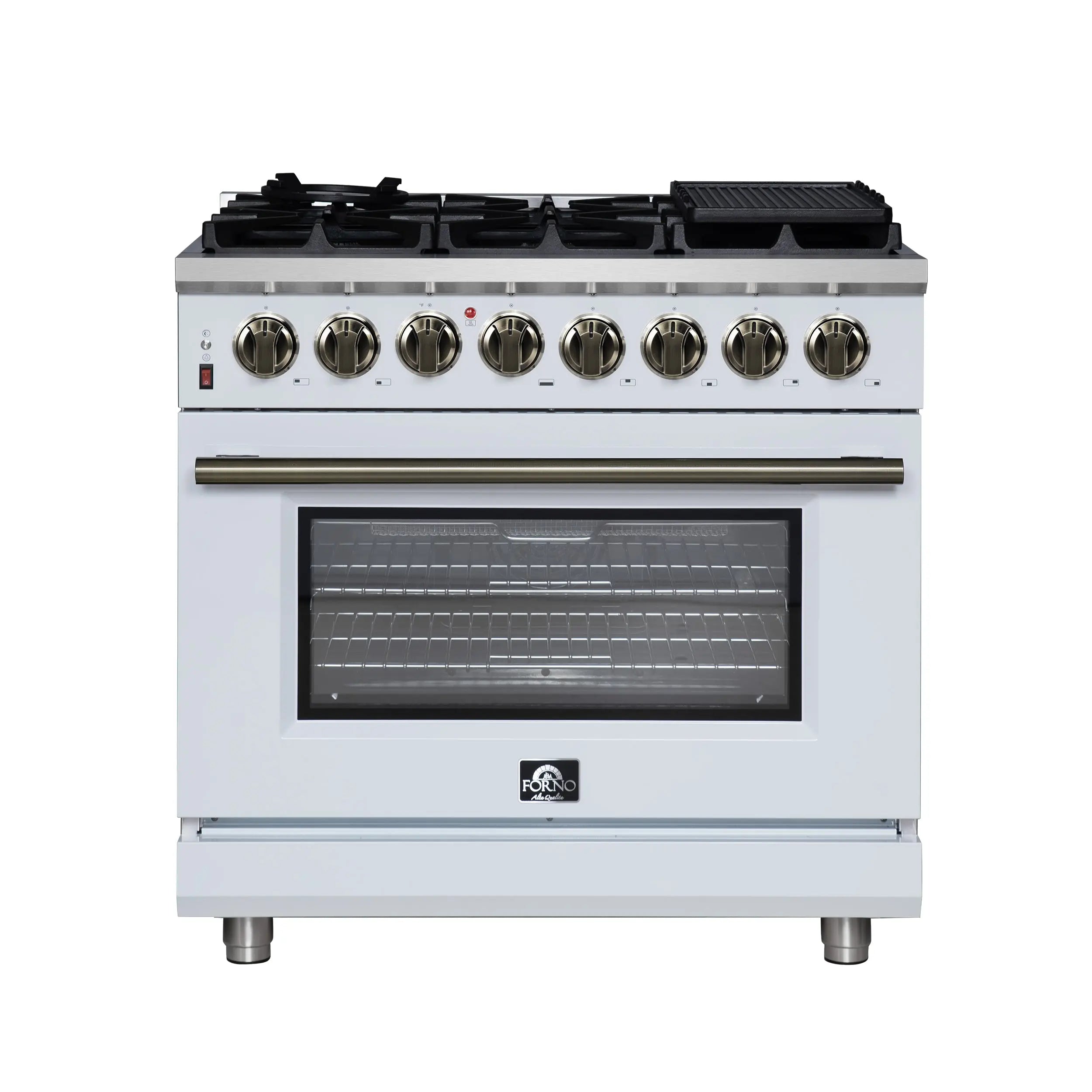 Forno Massimo 36 Inch Freestanding Dual Fuel Range in White with Antique Brass Accessories, 6 Burners, 5.36 cu. ft. Convection Oven FORNO