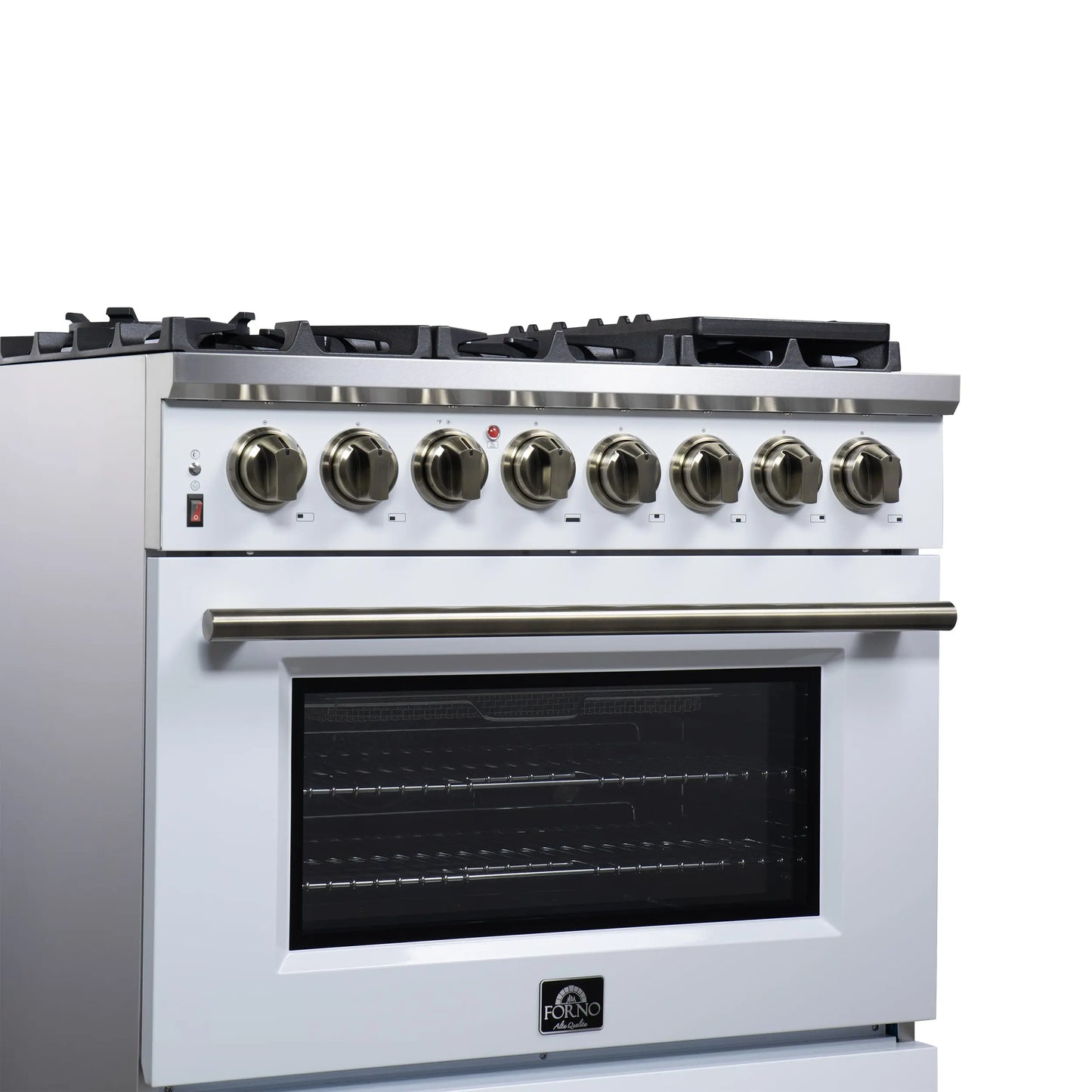 Forno Massimo 36 Inch Freestanding Dual Fuel Range in White with Antique Brass Accessories, 6 Burners, 5.36 cu. ft. Convection Oven FORNO