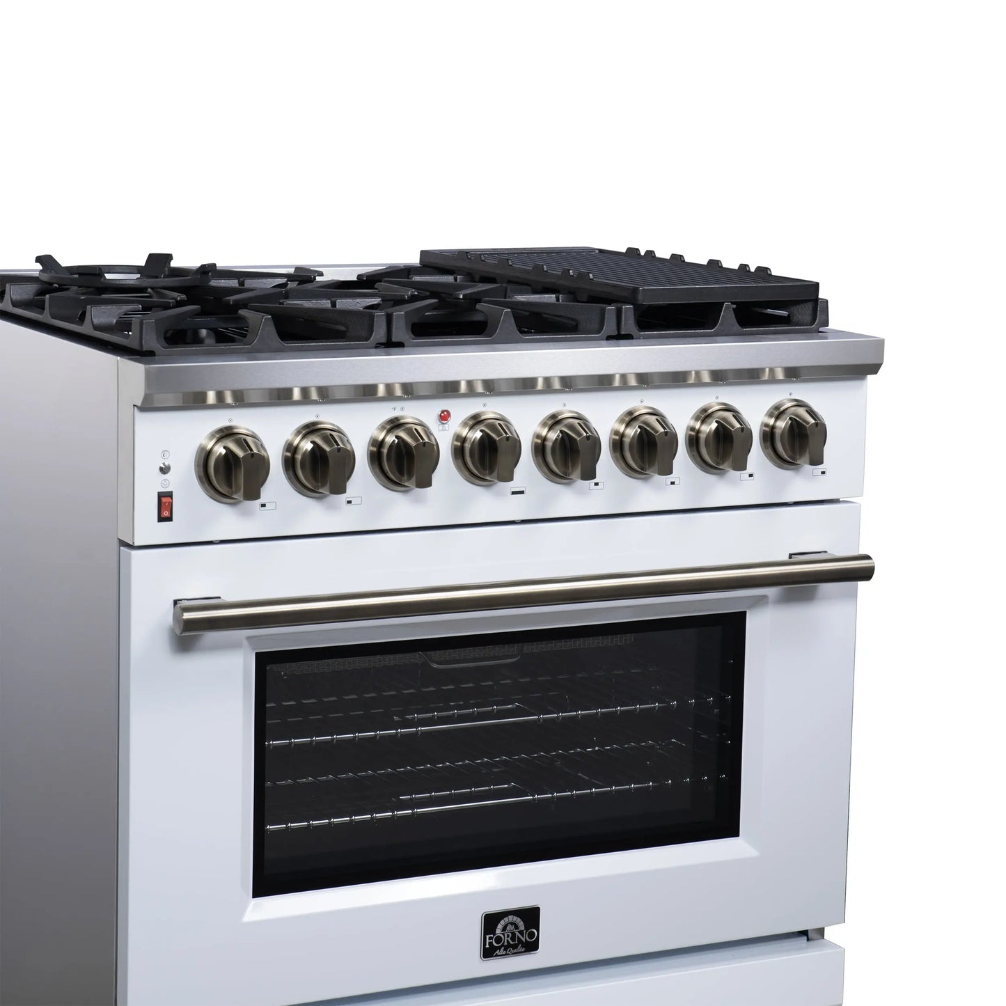 Forno Massimo 36 Inch Freestanding Dual Fuel Range in White with Antique Brass Accessories, 6 Burners, 5.36 cu. ft. Convection Oven FORNO