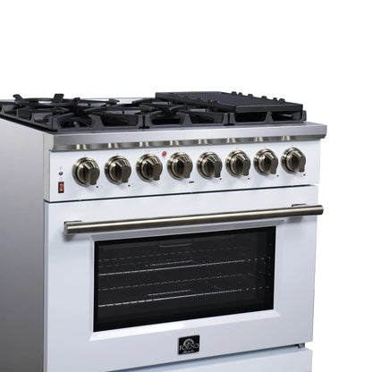 Forno Massimo 36 Inch Freestanding Dual Fuel Range in White with Antique Brass Accessories, 6 Burners, 5.36 cu. ft. Convection Oven FORNO