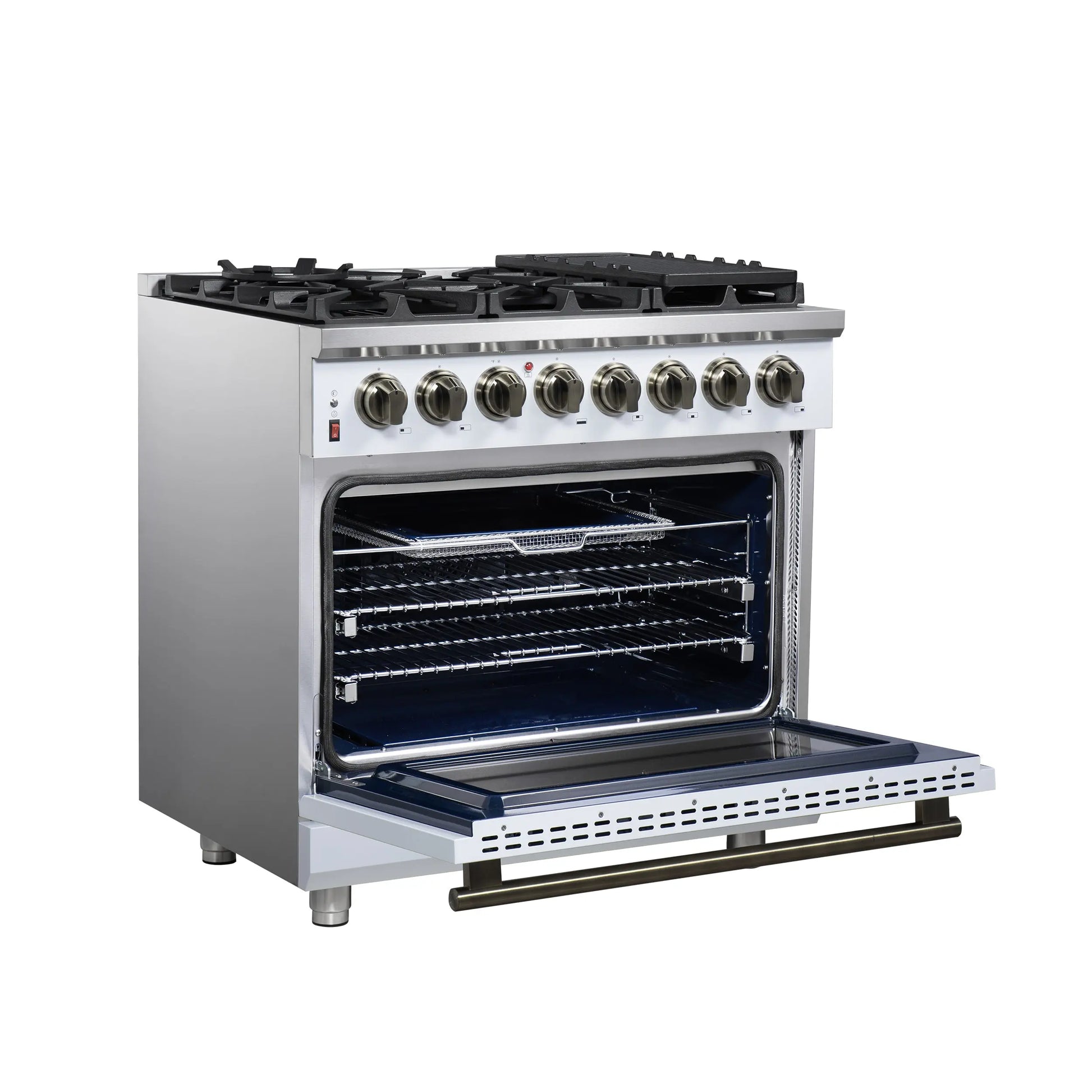 Forno Massimo 36 Inch Freestanding Dual Fuel Range in White with Antique Brass Accessories, 6 Burners, 5.36 cu. ft. Convection Oven FORNO