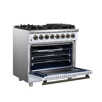 Forno Massimo 36 Inch Freestanding Dual Fuel Range in White with Antique Brass Accessories, 6 Burners, 5.36 cu. ft. Convection Oven FORNO