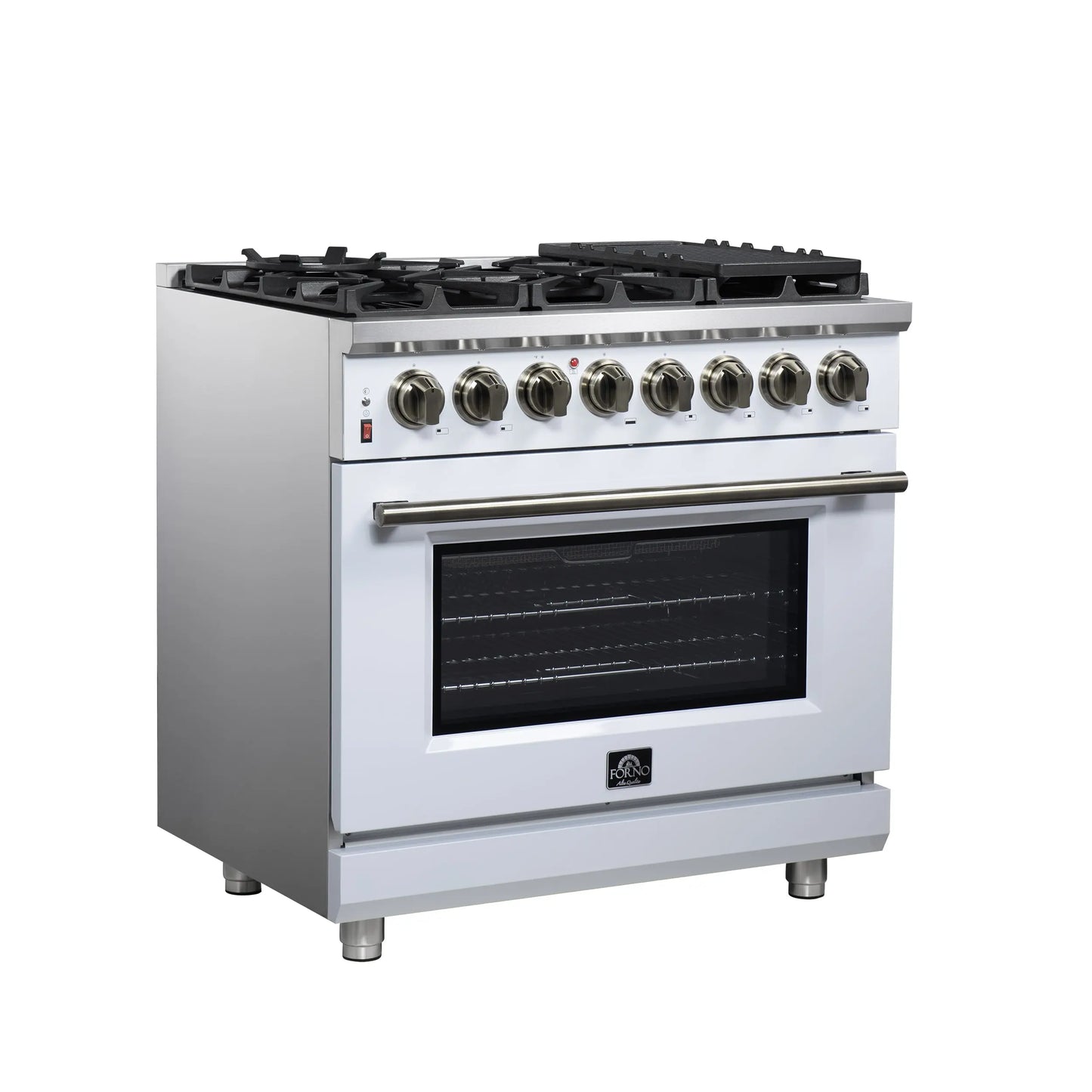 Forno Massimo 36 Inch Freestanding Dual Fuel Range in White with Antique Brass Accessories, 6 Burners, 5.36 cu. ft. Convection Oven FORNO