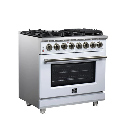 Forno Massimo 36 Inch Freestanding Dual Fuel Range in White with Antique Brass Accessories, 6 Burners, 5.36 cu. ft. Convection Oven FORNO