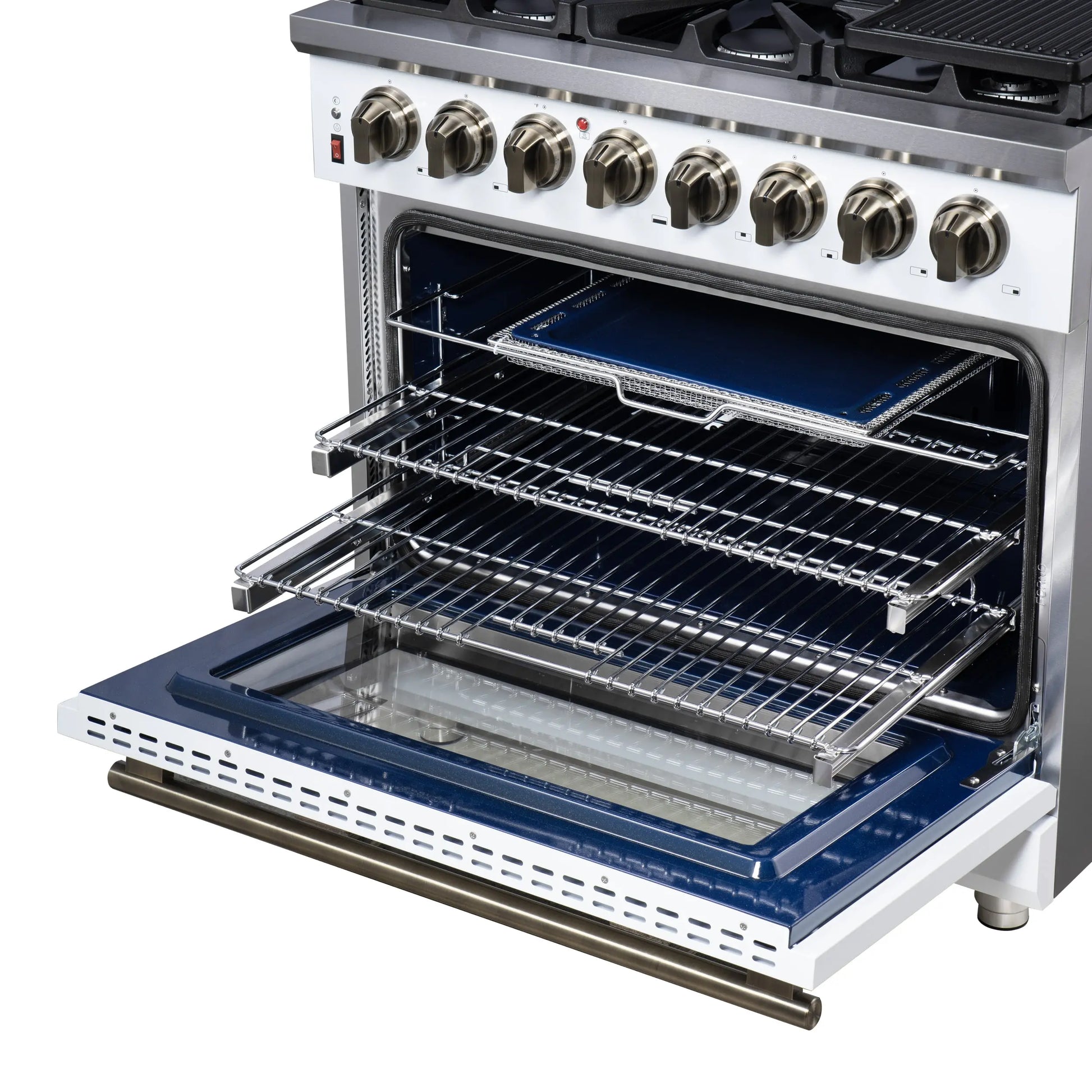 Forno Massimo 36 Inch Freestanding Dual Fuel Range in White with Antique Brass Accessories, 6 Burners, 5.36 cu. ft. Convection Oven FORNO
