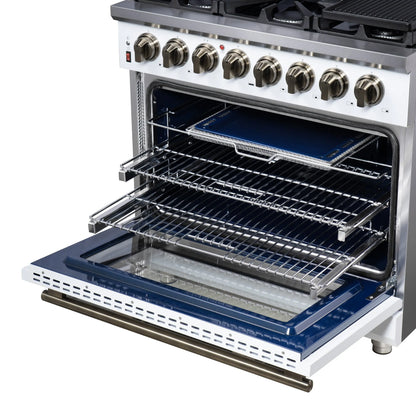 Forno Massimo 36 Inch Freestanding Dual Fuel Range in White with Antique Brass Accessories, 6 Burners, 5.36 cu. ft. Convection Oven FORNO
