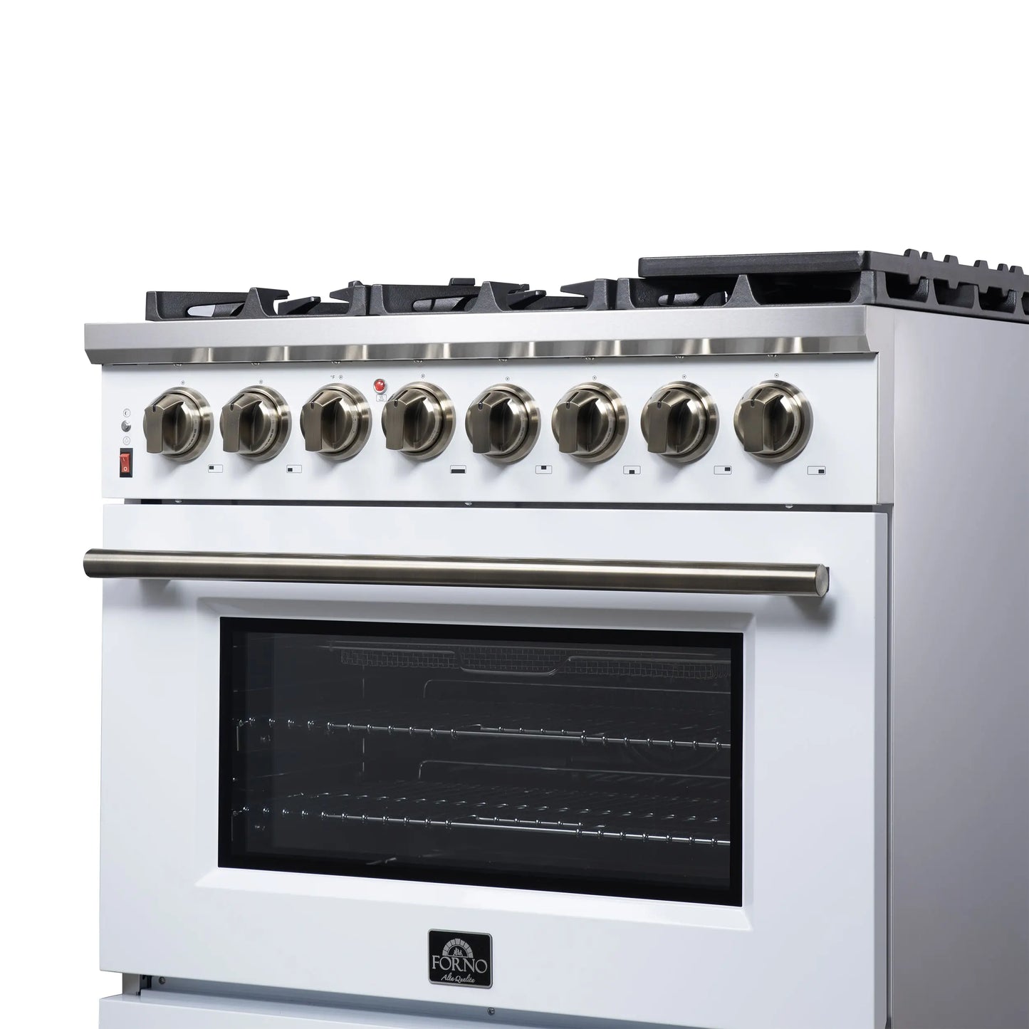 Forno Massimo 36 Inch Freestanding Dual Fuel Range in White with Antique Brass Accessories, 6 Burners, 5.36 cu. ft. Convection Oven FORNO