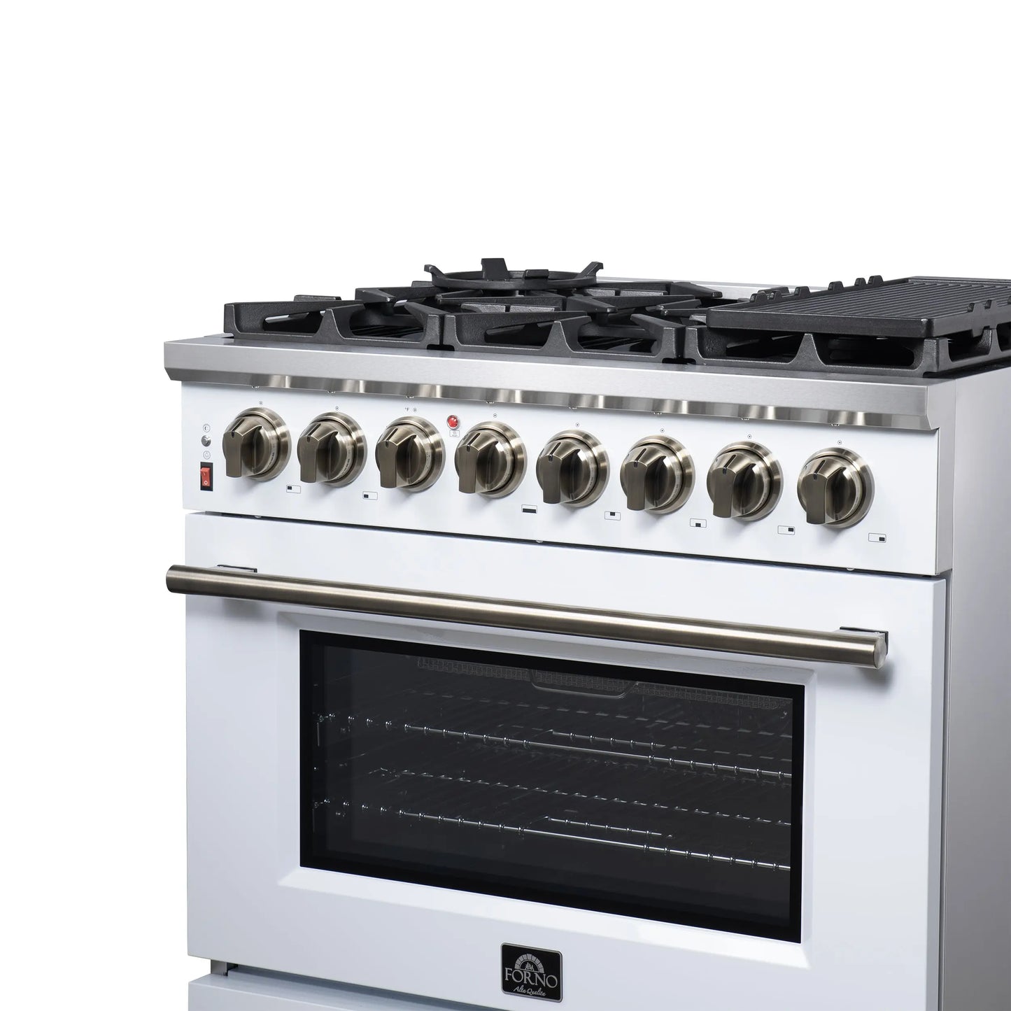 Forno Massimo 36 Inch Freestanding Dual Fuel Range in White with Antique Brass Accessories, 6 Burners, 5.36 cu. ft. Convection Oven FORNO