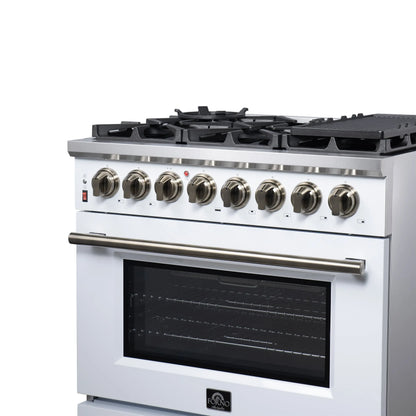 Forno Massimo 36 Inch Freestanding Dual Fuel Range in White with Antique Brass Accessories, 6 Burners, 5.36 cu. ft. Convection Oven FORNO
