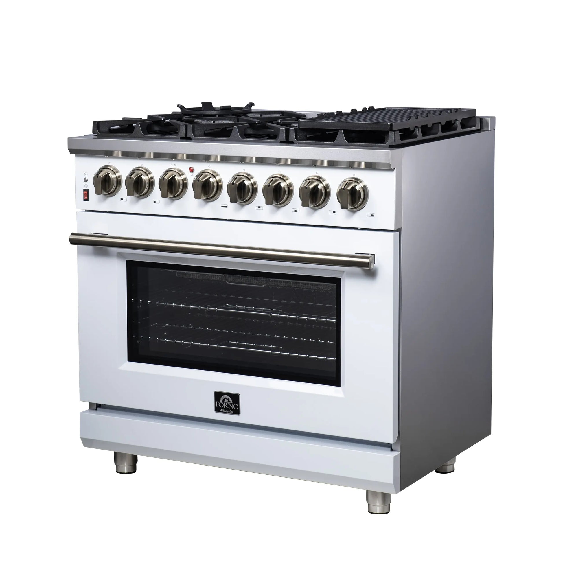 Forno Massimo 36 Inch Freestanding Dual Fuel Range in White with Antique Brass Accessories, 6 Burners, 5.36 cu. ft. Convection Oven FORNO