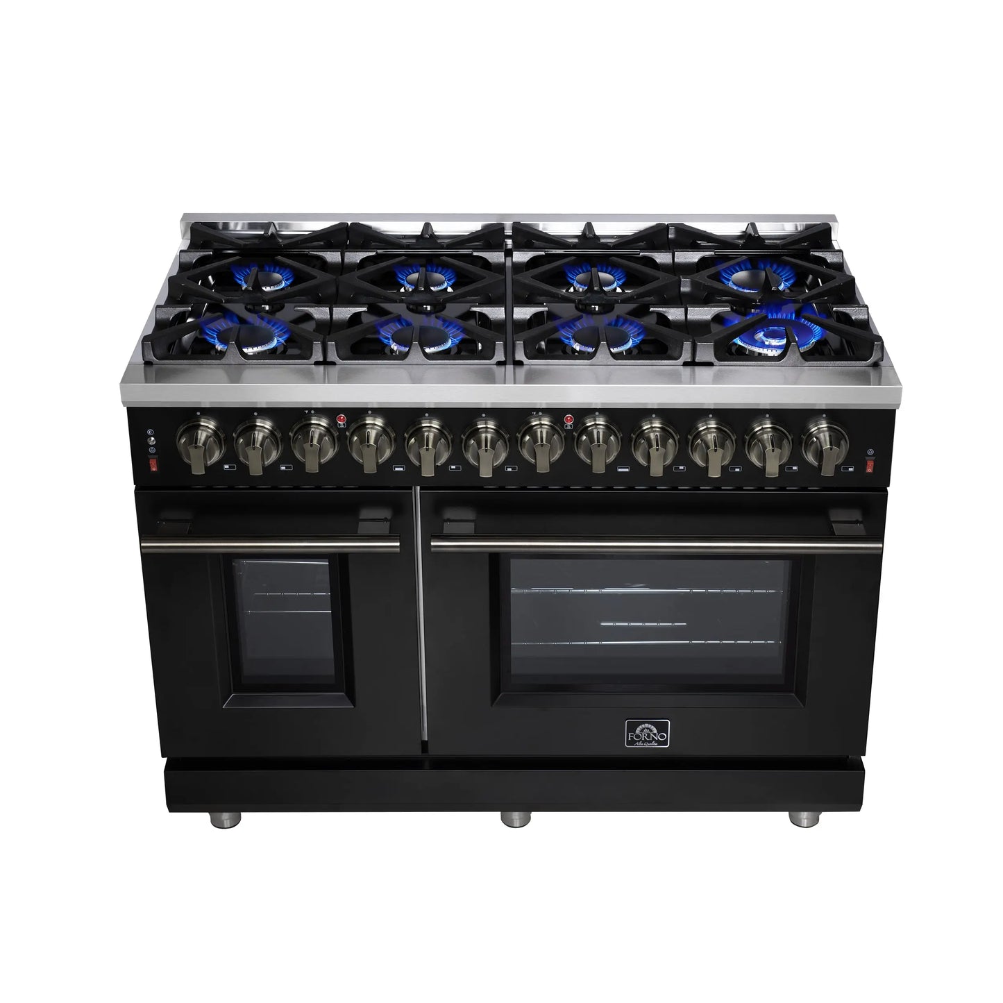 Forno Massimo 48 Inch Freestanding Dual Fuel Range in Black with Antique Brass Accessories, 8 Burners, 6.58 cu. ft. Convection Oven FORNO