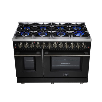 Forno Massimo 48 Inch Freestanding Dual Fuel Range in Black with Antique Brass Accessories, 8 Burners, 6.58 cu. ft. Convection Oven FORNO