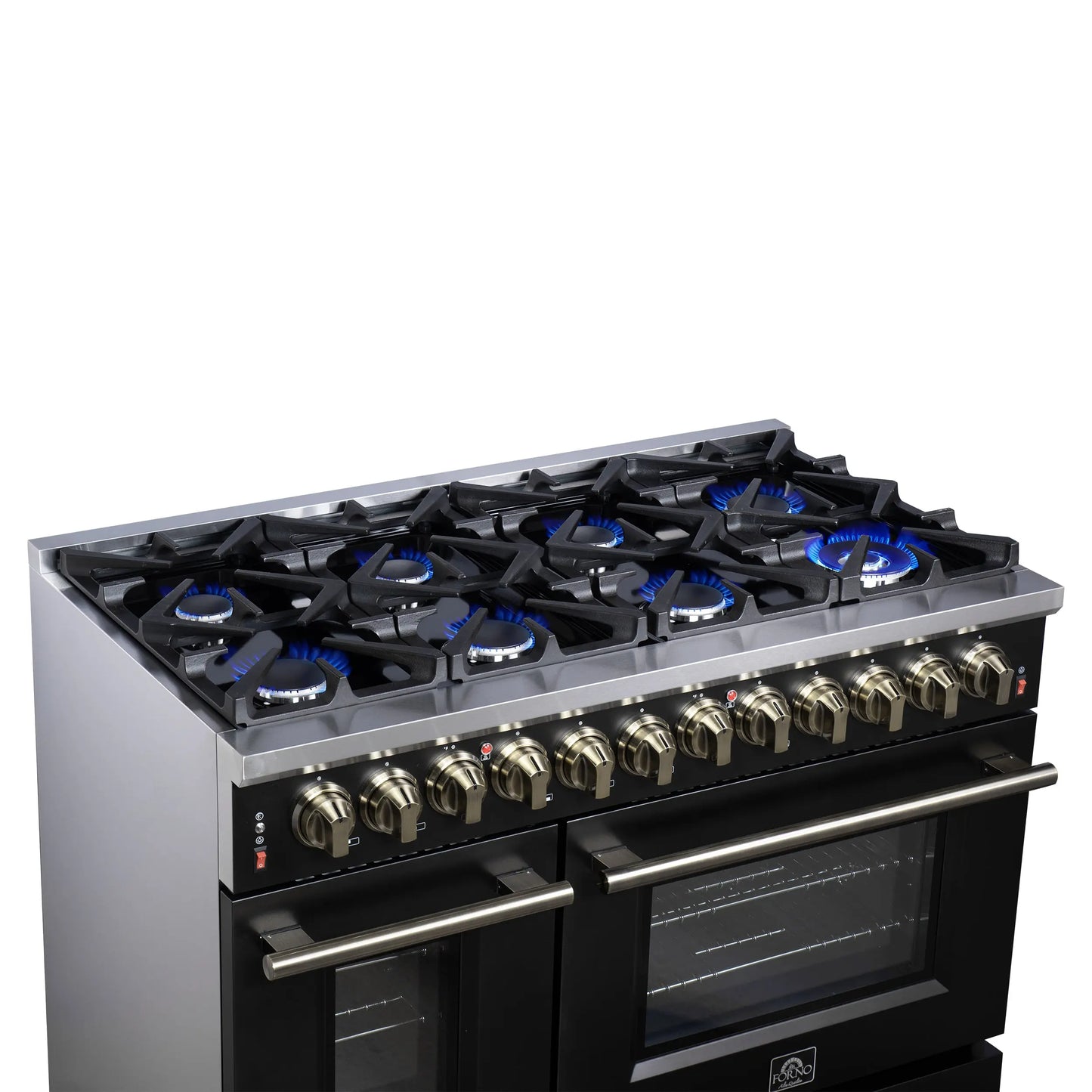 Forno Massimo 48 Inch Freestanding Dual Fuel Range in Black with Antique Brass Accessories, 8 Burners, 6.58 cu. ft. Convection Oven FORNO