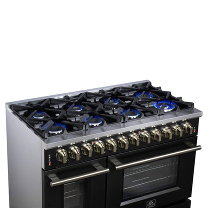 Forno Massimo 48 Inch Freestanding Dual Fuel Range in Black with Antique Brass Accessories, 8 Burners, 6.58 cu. ft. Convection Oven FORNO