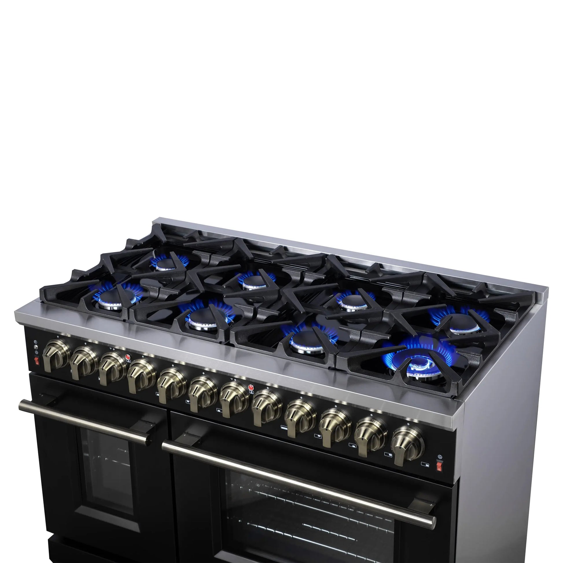 Forno Massimo 48 Inch Freestanding Dual Fuel Range in Black with Antique Brass Accessories, 8 Burners, 6.58 cu. ft. Convection Oven FORNO
