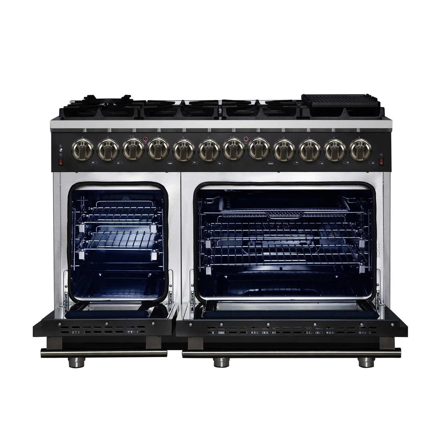 Forno Massimo 48 Inch Freestanding Dual Fuel Range in Black with Antique Brass Accessories, 8 Burners, 6.58 cu. ft. Convection Oven FORNO