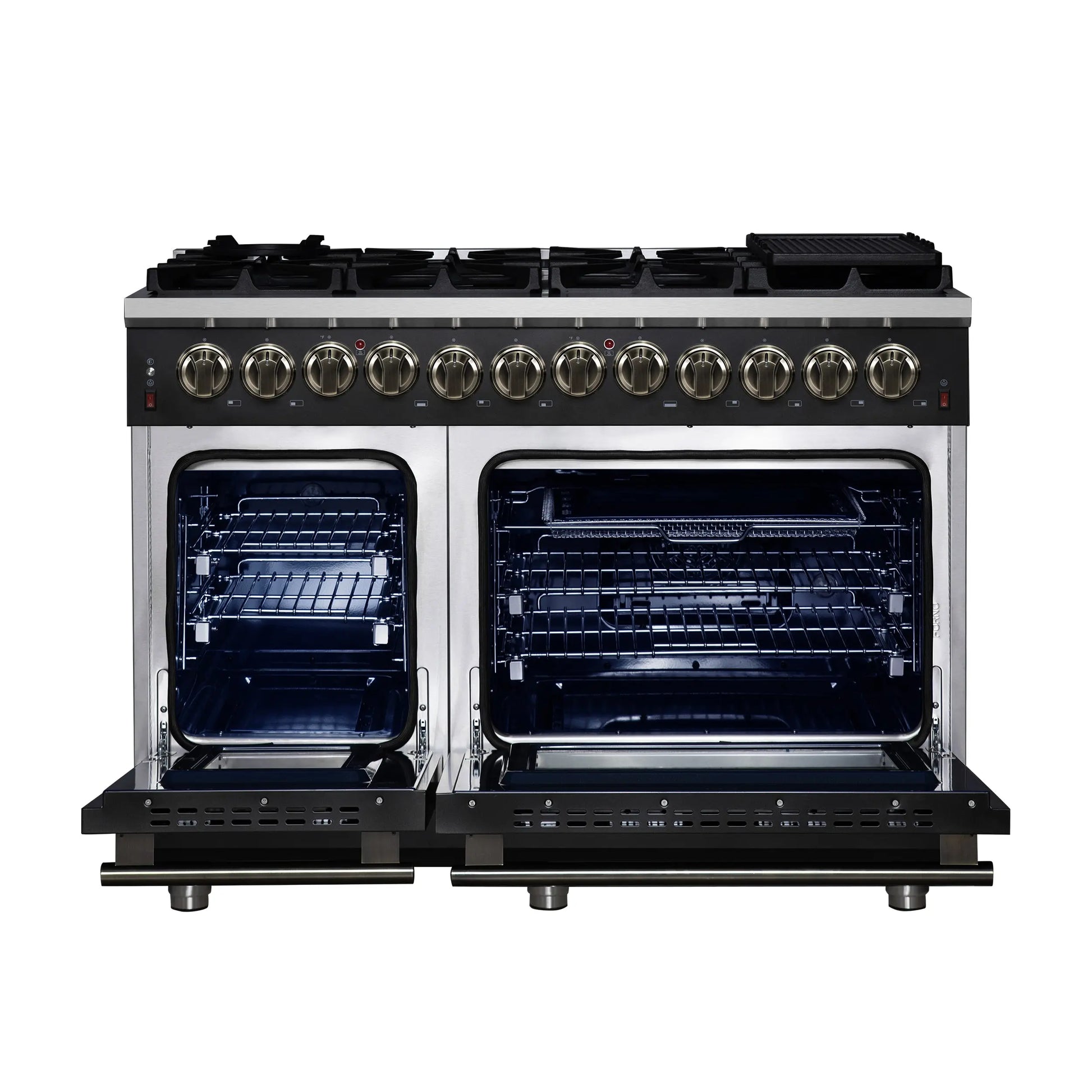 Forno Massimo 48 Inch Freestanding Dual Fuel Range in Black with Antique Brass Accessories, 8 Burners, 6.58 cu. ft. Convection Oven FORNO