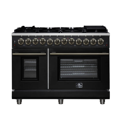 Forno Massimo 48 Inch Freestanding Dual Fuel Range in Black with Antique Brass Accessories, 8 Burners, 6.58 cu. ft. Convection Oven FORNO