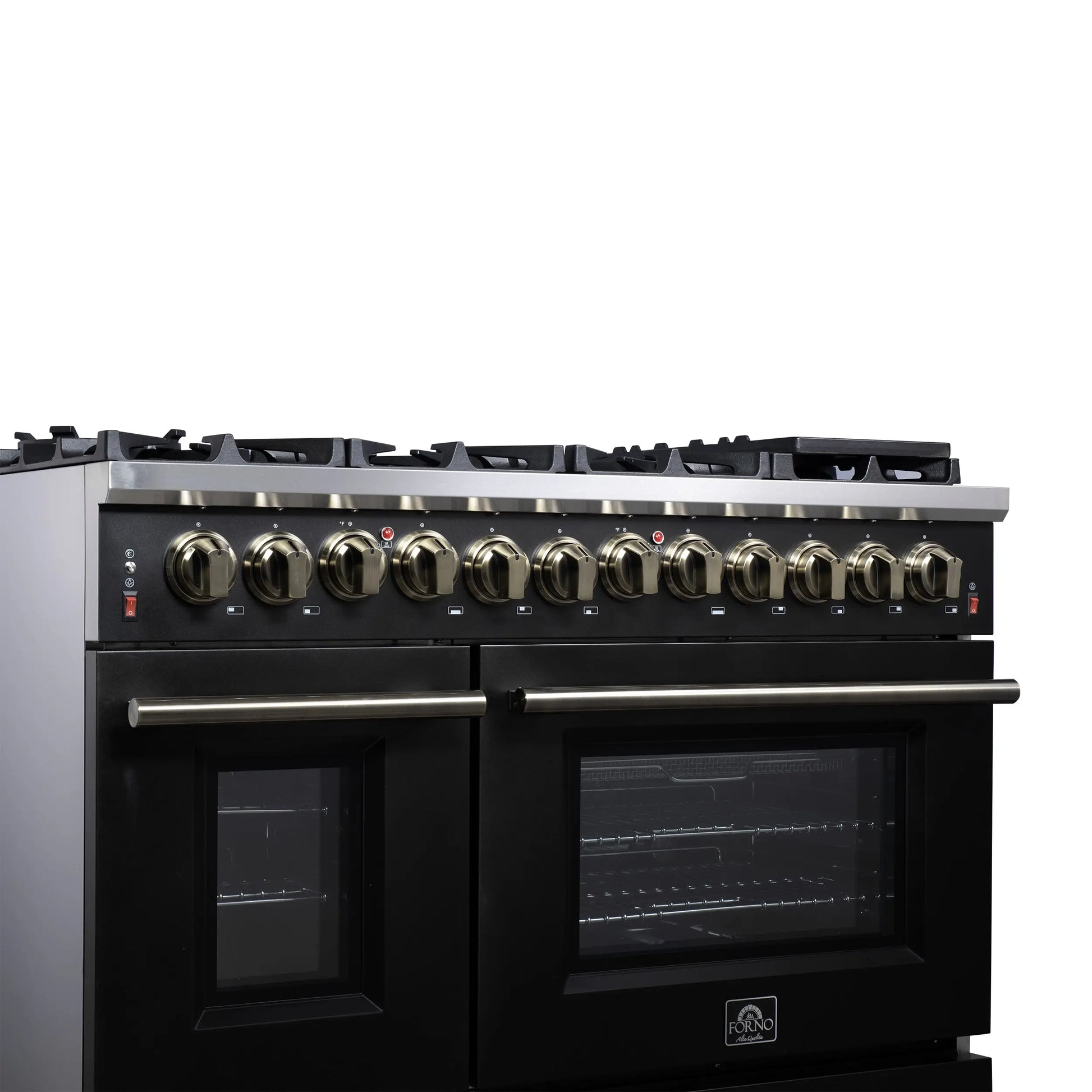 Forno Massimo 48 Inch Freestanding Dual Fuel Range in Black with Antique Brass Accessories, 8 Burners, 6.58 cu. ft. Convection Oven FORNO