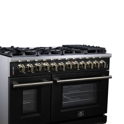 Forno Massimo 48 Inch Freestanding Dual Fuel Range in Black with Antique Brass Accessories, 8 Burners, 6.58 cu. ft. Convection Oven FORNO