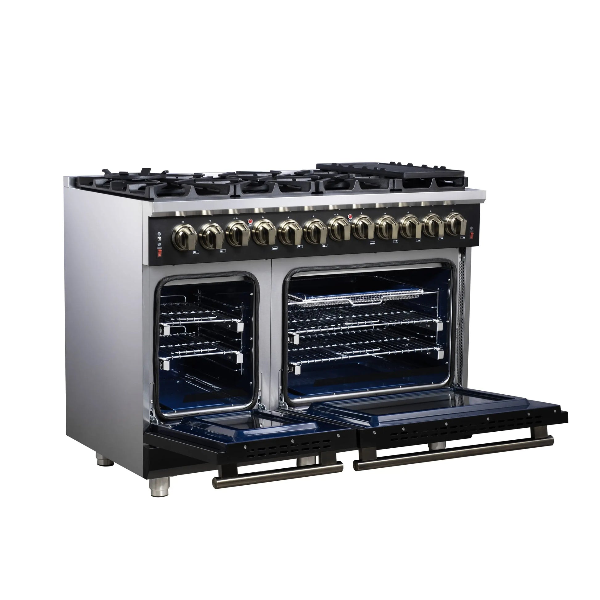 Forno Massimo 48 Inch Freestanding Dual Fuel Range in Black with Antique Brass Accessories, 8 Burners, 6.58 cu. ft. Convection Oven FORNO