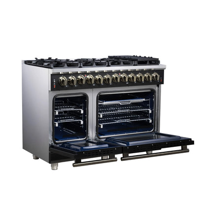 Forno Massimo 48 Inch Freestanding Dual Fuel Range in Black with Antique Brass Accessories, 8 Burners, 6.58 cu. ft. Convection Oven FORNO