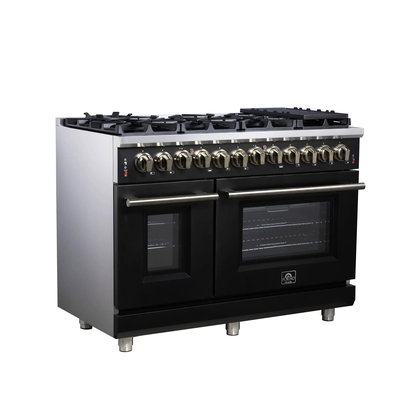 Forno Massimo 48 Inch Freestanding Dual Fuel Range in Black with Antique Brass Accessories, 8 Burners, 6.58 cu. ft. Convection Oven FORNO
