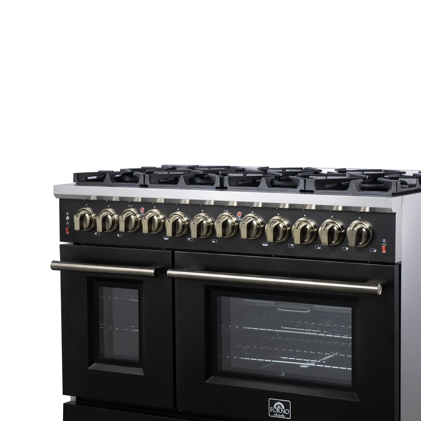 Forno Massimo 48 Inch Freestanding Dual Fuel Range in Black with Antique Brass Accessories, 8 Burners, 6.58 cu. ft. Convection Oven FORNO
